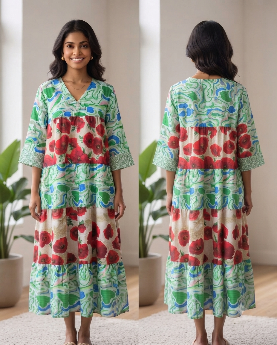 Floral Abstract Panelled Midi Dress