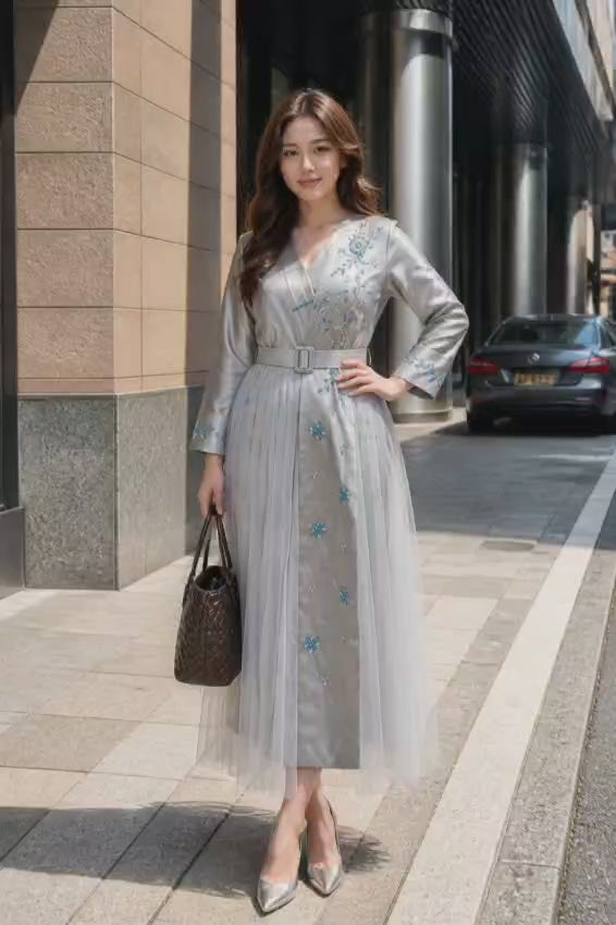 Luxury Belted silver wrap-style dress
